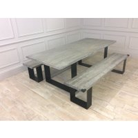 Woodstock Dining Table (220cm x 100cm) in Grey Wash Oak with 2x Accompanying Benches